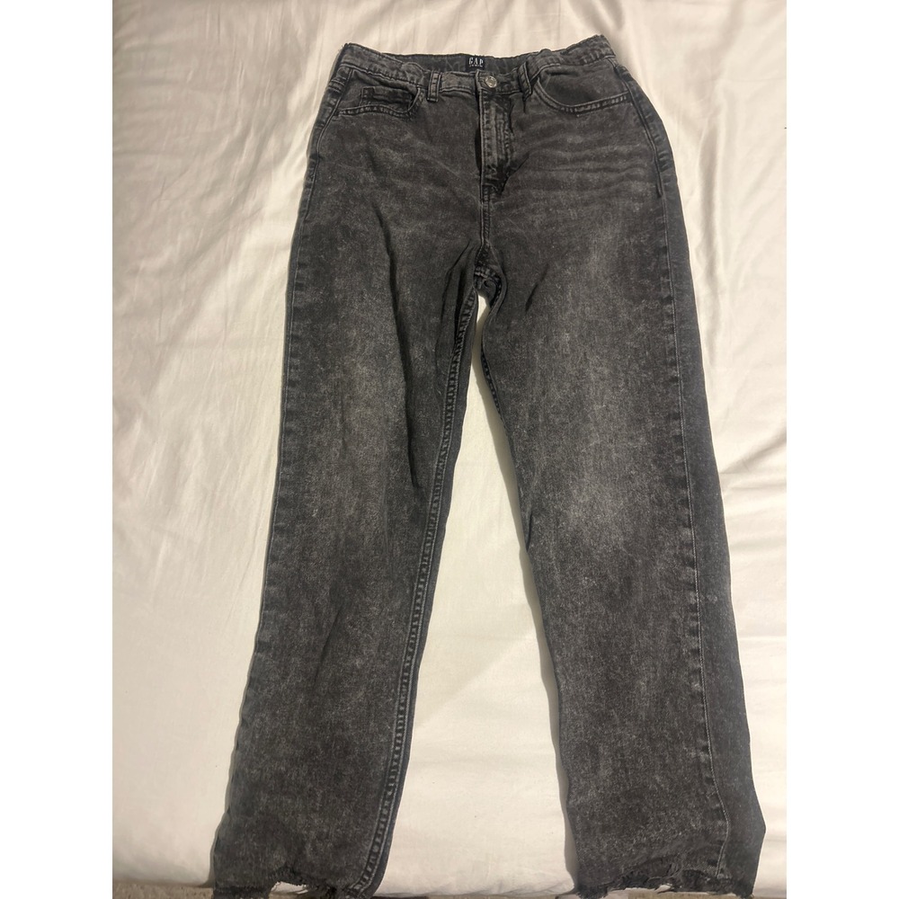 GAP Denim Womens Mom Jeans High Waisted Acid Wash Black Frayed Hem Size 16